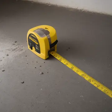 Rolled tape measure and spare parts in Utility workshop corner. A repair crew is laying out small components for inventory. Yellowed grout lines on the concrete floor