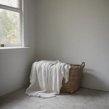 Stacked linen baskets in Utility laundry room corner. Folding towels for an unseen arrival. Damp concrete floor