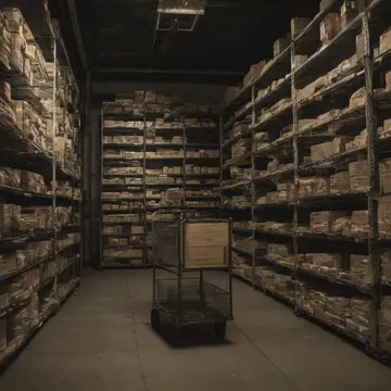 The numbered return cart in Sublevel filing archive corner. A routine count of misplaced inventory items. Dust motes suspended in low light