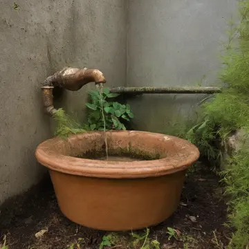 Overfilled watering can in Utility sink room adjacent to greenhouse. Routine cleaning interrupted by water level anomaly. Wet terracotta basin