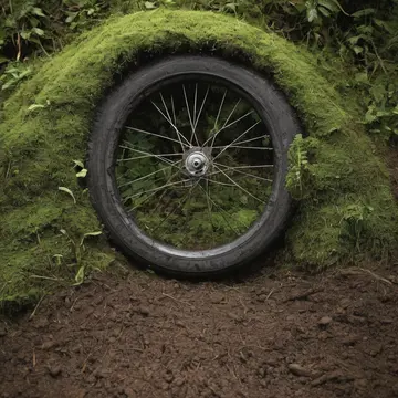 Moss and fallen leaves in Utility corner near a composting station. The damp soil is slowly reclaiming a discarded bicycle wheel. Wet, dark soil clinging to metal spokes