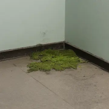 Moss and fallen leaves in Utility washroom corner. A quiet morning reset after closing hours. Small patch of vibrant green moss