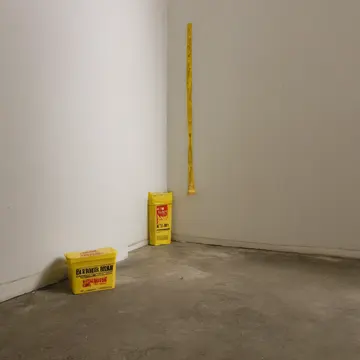Dry wall paneling in Utility room corner. A stack of labeled boxes is slightly askew, leaning against the wall. Dust motes suspended in yellow light