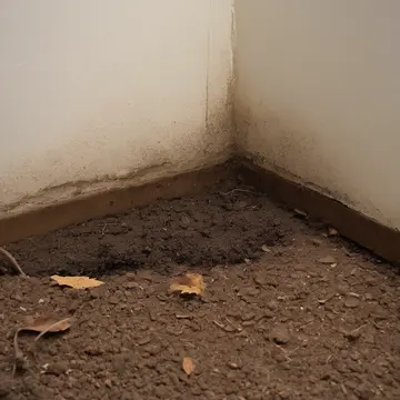 Root system in Utility room corner. Leaves and damp soil are slowly creeping over stored utility edges. Wet, dark soil near baseboard