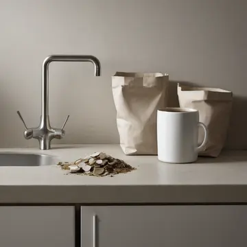A stack of ceramic mugs in Kitchen counter near sink. The mugs are arranged precisely, each one holding exactly three small, dried tea bags. Damp ring marks on the laminate counter
