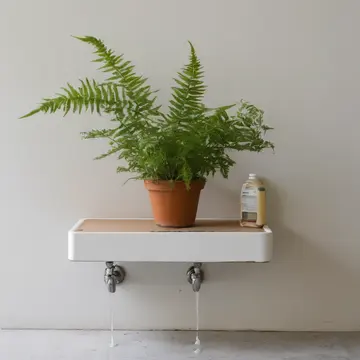 Overgrown fern in Utility shelf beneath sink. A handwritten label is repeatedly adjusted on a nearby carton. Green fronds touching white paint