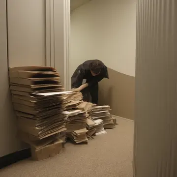 Label dispenser and stack of forms in Office cubicle corner. The last worker is organizing paperwork before leaving for the day. Cardboard edges of the label dispenser