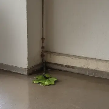 A pile of damp leaves and small roots in Utility closet near the main archive stacks. The caretaker is inspecting a leaking pipe that has stained the floor. Dark damp soil clinging...