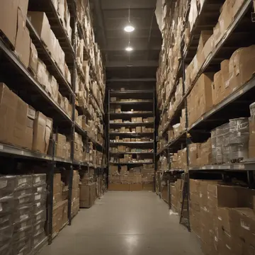 Cardboard packaging flats in Retail supply room near checkout. Inventory is being processed for end-of-day shipment. Dust motes in overhead light