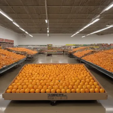 Orange fruit display in Grocery store produce aisle. Workers are constantly adjusting the fruit arrangement. Wet plastic tray liner