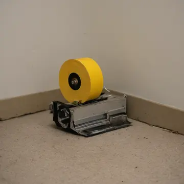 Roll of electrical tape in Utility maintenance closet. A corner stack of parts awaiting labeling. Yellow plastic housing