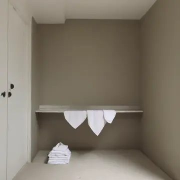 Folded linen towels in Bathroom utility closet. The towels are arranged for daily use, but one stack shifts slightly. Steam vent grate