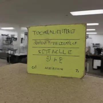 Stack of return labels in Utility room near retail checkout. The labels are being sorted and examined for damage. Yellowed cardboard edges