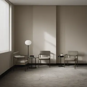 A single unoccupied armchair in Lobby waiting area. The room is meticulously set for an expected presence, but one detail resists the morning reset. Dust motes suspended in morning...