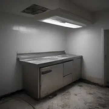 Stainless steel work surface in Commercial kitchen prep area. Late night cleaning and restocking after closing. Damp floor tiles