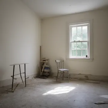 Stack of unused folding chairs in Utility room corner. The room is arranged for an anticipated gathering that has not yet started. Dust film on painted wood