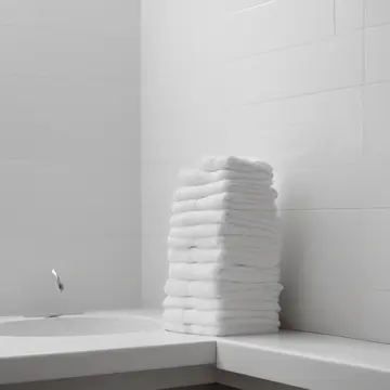 Stack of freshly folded towels in Bathroom utility corner. The towels are being counted, one by one, as they are stacked too perfectly. Steam rising from damp cotton