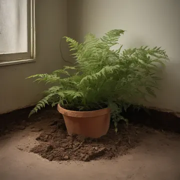 A large potted fern in Small utility room near pet supplies. Routine cleaning is interrupted by the plant's unnatural stillness. Dust motes suspended in afternoon light