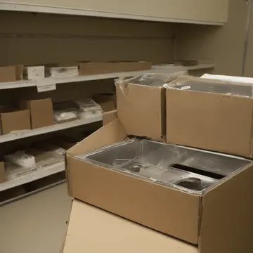 Overstock shelf of plastic packaging tape in Retail service counter corner. A customer is waiting for assistance with an unusually large package. Dust film on the counter edge