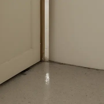 Rubber doorstop in Utility closet near service entrance. The doorstop is repeatedly shoved under the inward-opening utility room door. Dust motes suspended in humid air
