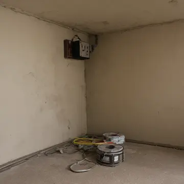 Roll of electrical conduit tape in Utility room adjacent to service corridor. The tape is meticulously wound around a corner junction box. Dust motes suspended in weak morning...