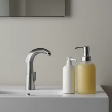 A stack of used hand soap dispensers in Master bathroom counter. The routine of refilling and arranging is slightly askew. Dried mineral residue on porcelain