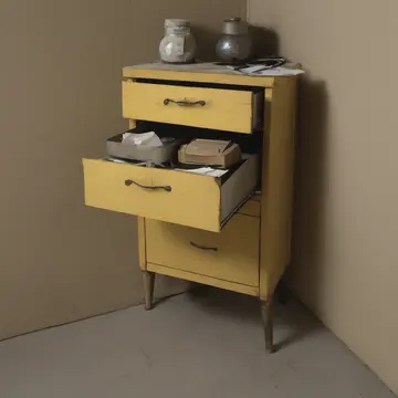 Card file cabinet drawer in Utility room corner. The drawer is being closed for the night inventory count. Yellowed card stock edges