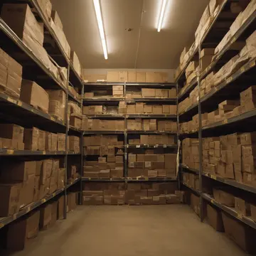 Labeling machine and shelves in Retail supply closet corner. Inventory count nearing shutdown. Dust motes in the yellow light