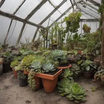 A cluster of potted succulents in Small urban greenhouse corner. Inventory clerk cataloging plant growth patterns during a damp, static weather shift. Wet concrete floor tiles