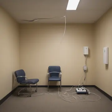 Orange extension cord in Waiting room for specialized medical imaging. A patient's belongings are arranged near a vacant chair. Dust motes catching fluorescent light