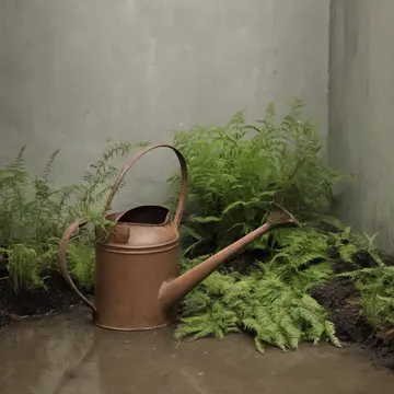 Overgrown Ferns and Watering Can in Botanical Conservatory Prep Room. Late cleaning of exotic plant displays before opening hours. Moss-slicked terracotta pots
