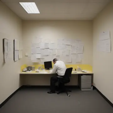 A laminated departmental notice in Small office cubicle corner. An employee repeatedly smooths and reads the printed instructions. Dust motes suspended in yellow light