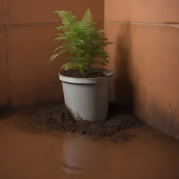 Overgrown potted fern in Basement utility room. A person is attempting to clean spilled potting mix from a drain. Wet terracotta tiles