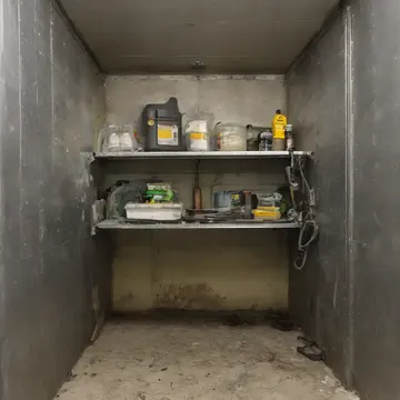 A stack of electrical junction boxes in Utility room service closet. The morning maintenance crew is resetting tools and supplies after a late repair job. Dust motes suspended in...