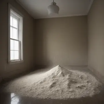 A spilled bag of rice in Kitchen pantry corner. The contents are slowly spreading across the shelf floor. Yellowed flour dust