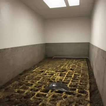 Industrial floor drain grate in Utility room corner. A worker is attempting to align the grate after a minor flood. Wet concrete edges