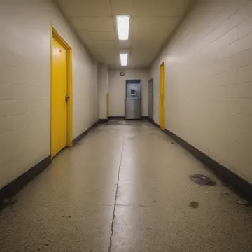 Fire extinguisher cabinet in Underground utility corridor. Morning inspection before staff arrival. Dust on the floor tiles