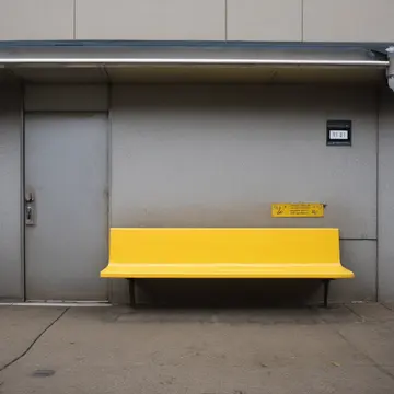 The bus timetable display in Public transit shelter corner. Waiting for the first morning bus of the day. Yellow vinyl bench seating