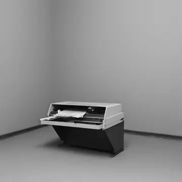 Industrial grade printer tray in Municipal records annex. The room is quiet after hours; the speaker monitors the machine's output. Dust on the roller feed mechanism