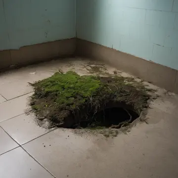 Damp soil and fallen feathers in Small utility room next to an inactive fish tank. A person is sorting natural debris near a waiting area chair. Moss growing on metal baseboard