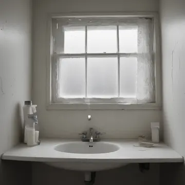 A ceramic sugar dispenser in Small office break room corner. The room is set up for an expected, late visitor. Wet condensation on the window pane
