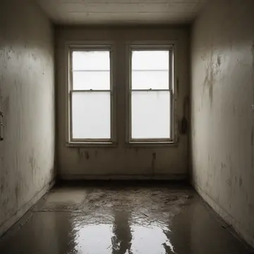 A sealed window pane in Utility closet by the loading dock. The room is paused, waiting for a delivery that won't arrive. Rust blooms on a metal latch
