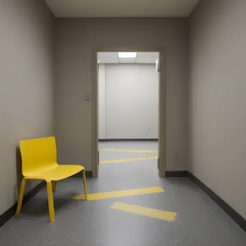 Unsigned directory panel in Waiting room adjacent to service elevator. The space is set for an arrival that has been delayed indefinitely. Faded yellow caution tape