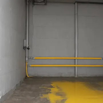 Stacked utility crates in Service corridor near loading bay. A partially disassembled industrial fixture is being inspected. Oil stain on concrete floor