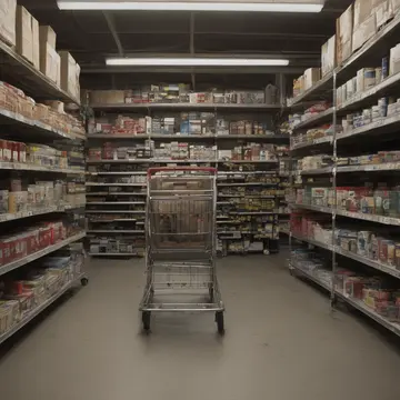 Inventory label machine in Retail storeroom near seasonal display. A clerk is attempting to restock misplaced items from a high shelf. Dust motes suspended in weak afternoon light