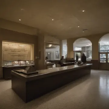 A small brass tally counter in Main lobby service counter. The area is set up for morning transactions, but one specific drawer remains closed. Dust motes suspended in weak morning...
