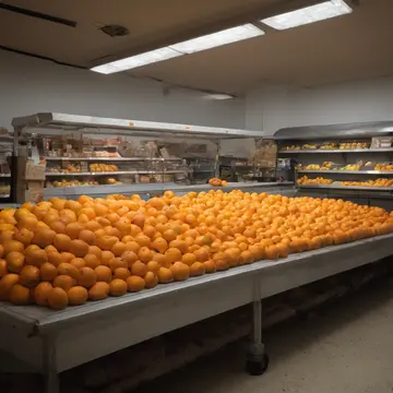 Orange fruit in Grocery store produce display. Workers repeatedly move the orange back to the front of the pile. Waxy peel texture