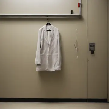 Empty fitting room stall in Department store service hallway. A single, folded garment hangs on a hook, waiting for its owner. Dust motes suspended in artificial light