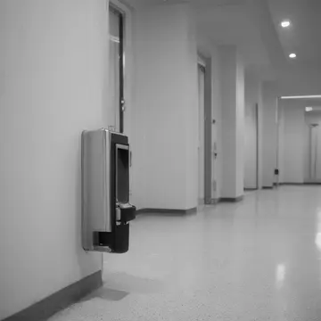 Industrial dispenser of glass soap in Department store service corridor. The night operator is systematically checking and adjusting the soap level. Wet, soapy residue on the...
