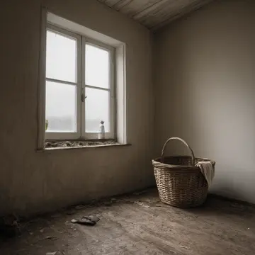 Overstuffed wicker laundry basket in Small utility room adjoining laundry area. A pile of damp, folded towels sits near an open window. Slightly yellowed sheet of linen
